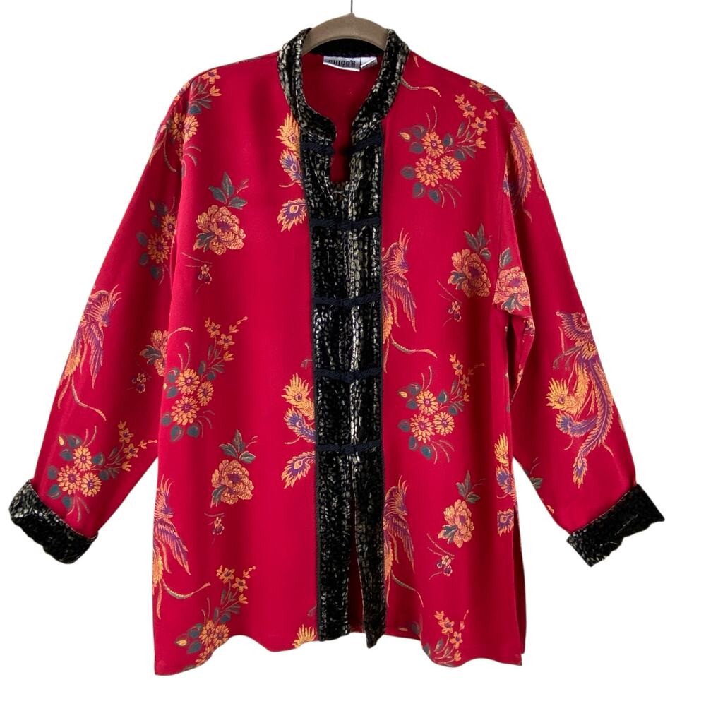 Vintage Chico’s Floral Silk Velvet Shirt Jacket Size M Red Black Elegant